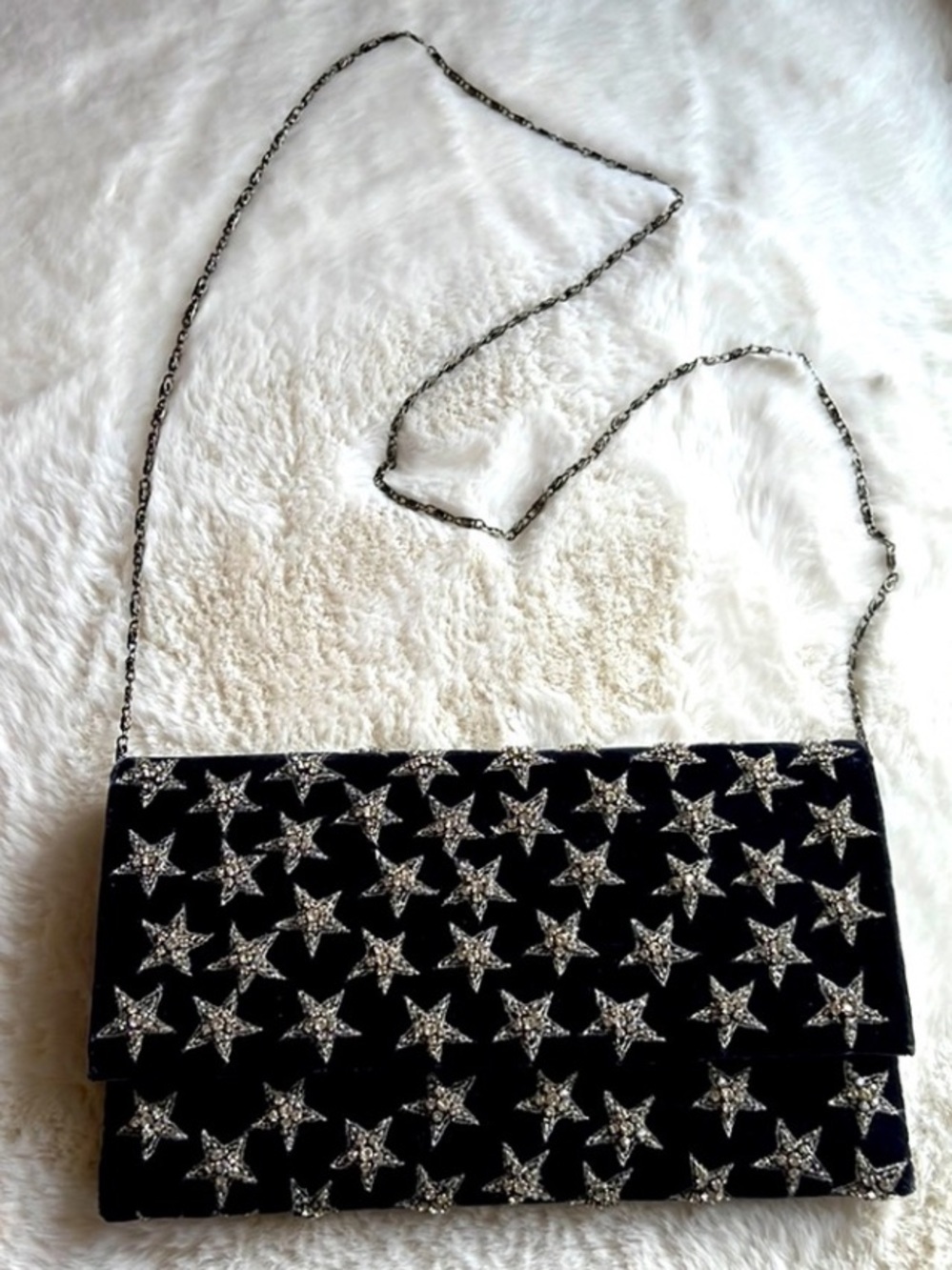 Navy velvet crossbody or envelope clutch with rhinestone stars - Picture 2 of 9